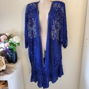 RARE Vintage Blue Silk Sequin Beaded Kimono